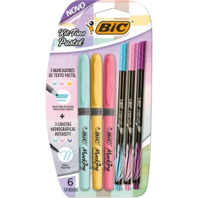 Kit BIC 3 Un. Marca Texto Tons Pasteis + 3 Un. Canetas Hidrográficas
